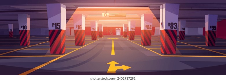 Empty underground car parking interior with markings and direction arrows, concrete floor and columns. Cartoon vector illustration of public basement lot. Garage area with free parking space.