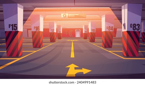 Empty underground car parking interior with markings and direction arrows, concrete floor and columns. Cartoon vector illustration of public basement lot. Garage area with free parking space.
