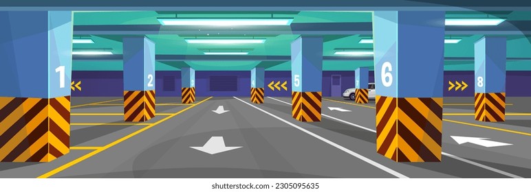 Empty underground car parking lot in a shopping mall or apartment building. Garage in the basement of a building with columns, signs, and arrows on the road. Cartoon vector illustration.