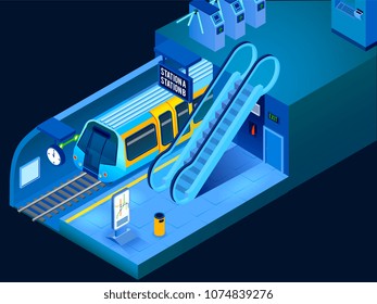 Empty underground metro station and arriving train horizontal isometric 3d vector illustration