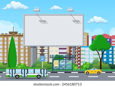 Tablero grande urbano vacío o cartelera con lámpara. Maqueta en blanco. Marketing y publicidad. Fondo de paisaje urbano con edificios, cielo y nubes. Ilustración vectorial en estilo plano