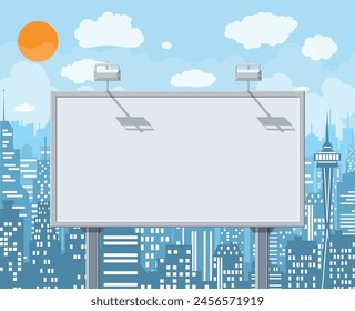 Leere urbane große Tafel oder Plakatwand mit Lampe. Leeres Modell. Marketing und Werbung. Stadtbild Hintergrund mit Gebäuden, Himmel und Wolken. Vektorillustration im flachen Stil