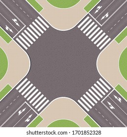 Empty urban crossroad with pedestrian paths. City intersection with pedestrian zebra lines. Top view of crossroads. Cityscape landscape from above. Vector Illustration