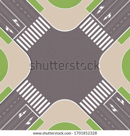 Empty urban crossroad with pedestrian paths. City intersection with pedestrian zebra lines. Top view of crossroads. Cityscape landscape from above. Vector Illustration
