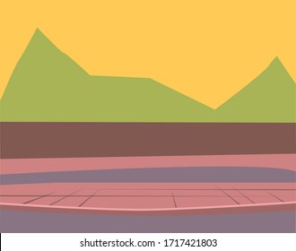 Empty urban road made from bricks. City street with no people and cars. Silhouette of forest or wood, green trees. Picture in minimalism, town landscape, view in flat style. Vector illustration