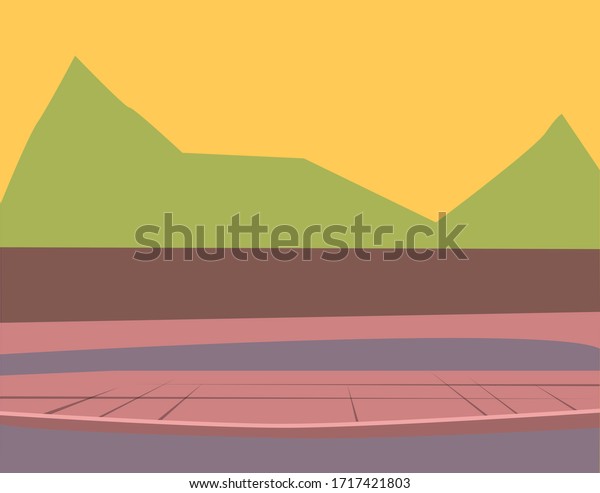 Empty urban road made from bricks. City\
street with no people and cars. Silhouette of forest or wood, green\
trees. Picture in minimalism, town landscape, view in flat style.\
Vector illustration