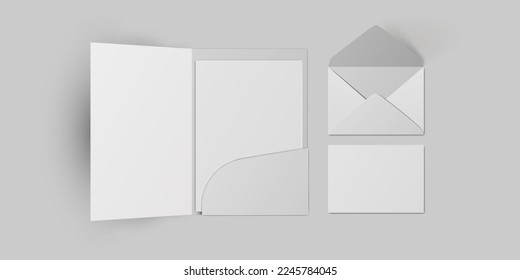 Empty vector A4 size folder mock up and envelope isolated on gray background for corporate identity or branding design, 3D realistic illustration