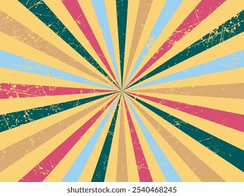 An empty vector background with multicolored rays. The aged texture of the poster. Layout, invitation, banner in retro style. 