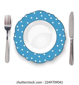 Empty vector blue color dish with figured edges and white polka dot pattern and knife and fork isolated on white background. Close up view from above.