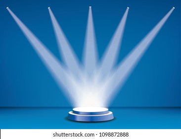Empty vector blue pedestal in blue room interior with five spotlights. Template for product presentation with spotlight