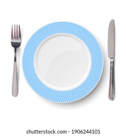 Empty Vector Blue Plate With Geometric White Pattern And Knife And Fork Isolated On White Background. View From Above.