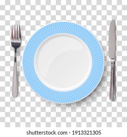 Empty Vector Blue Plate With Geometric White Pattern And Knife And Fork Isolated On Transparent Background. View From Above.