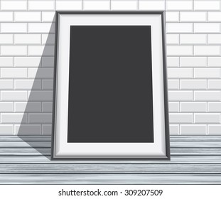 Empty vector frame on floor and brick wall, illustration