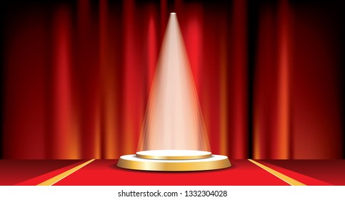 Empty vector golden podium with red carpet and spotlight. Template for product presentation with spotlight. Champions and winners background