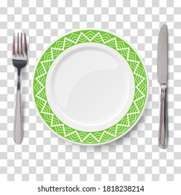 Empty vector green plate with white geometric line pattern and knife and fork isolated on transparent background. View from above.