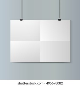 Empty vector  horizontal white paper poster mockup with traces of the folded sheet and paper clip on grey wall. 
