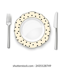 Empty vector ivory dish with figured edges and black polka dot pattern on white background and knife and fork isolated. Close up view from above.