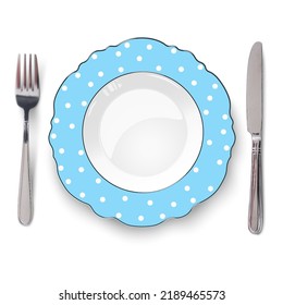 Empty vector light blue color dish with figured edges and white polka dot pattern and knife and fork isolated on white background. Close up view from above.