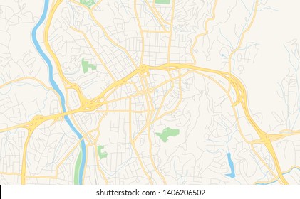Empty vector map of Asheville, North Carolina, USA, printable road map created in classic web colors for infographic backgrounds.