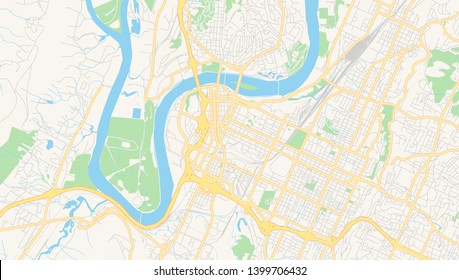 Empty vector map of Chattanooga, Tennessee, USA, printable road map created in classic web colors for infographic backgrounds.