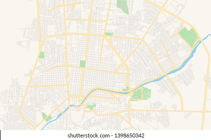 Empty vector map of Ciudad Victoria, Tamaulipas, Mexico, printable road map created in classic web colors for infographic backgrounds.