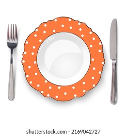 Empty vector orange color dish with figured edges and white polka dot pattern and knife and fork isolated on white background. Close up view from above.