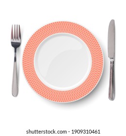 Empty vector orange with geometric white pattern and knife and fork isolated on white background. View from above.