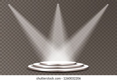 Empty vector pedestal with silver stairs on transparent background with three spotlights. Template for product presentation with spotlights