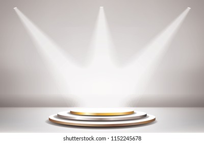 Empty vector pedestal witg bronze, silver and golden stair in room interior with three spotlights. Template for product presentation with spotlight