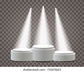Empty vector pedestals for champions, three white podiums with spot lights on transparent background