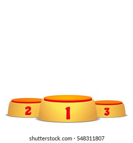 Empty Vector Podium. Round Winners Pedestal Concept With First, Second And Third Place For Award Ceremony. Isolated On White Background. Yellow 3D Stage. Realistic Platform.