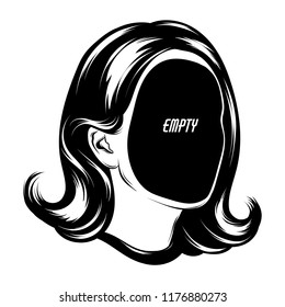 Empty. Vector poster with hand drawn illustration of female head isolated . Template for card, banner, print for t-shirt, pin, badge, patch.