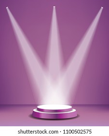 Empty vector purple pedestal in purple room interior with three spotlights. Template for product presentation with spotlight