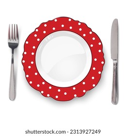 Empty vector red dish with figured edges and white polka dot pattern on white background and knife and fork isolated. Close up view from above.