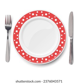 Empty vector red dish with white chaotic pattern on white background and knife and fork isolated. Close up view from above.