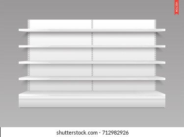 Empty Vector Store Shelves. Wood Material. Showcase Display. Retail Shelf Rack With Back.