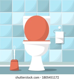 Cuarto vectorial vacío. Interior de cerámica limpia. Espacio sanitario, habitación doméstica vacía. Papel higiénico y cepillo.
