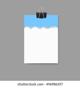 Empty vector vertical white paper poster mockup and blue piece of paper with ripped edges and big paper clip.