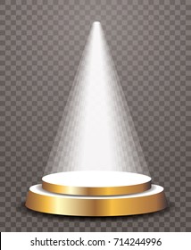 Empty vector white golden pedestal on transparent background. Template for product presentation with spotlight and stars