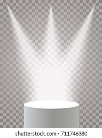 Empty vector white pedestal on transparent background. Template for product presentation with three spotlights.