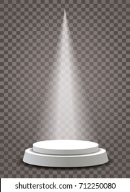 Empty vector white pedestal on transparent background. Template for product presentation with spotlight 