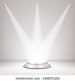 Empty vector white pedestal in room interior with three spotlights. Template for product presentation with spotlight