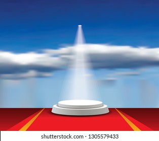 Empty vector white pedestals with red carpet, spotlight and cloudy sky. Template for product presentation in heaven. Champions and winners background