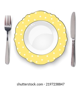 Empty vector yellow color dish with figured edges and white polka dot pattern and knife and fork isolated on white background. Close up view from above.