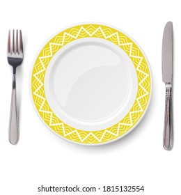 Empty vector yellow plate with white geometric line pattern and knife and fork isolated on white background. View from above.