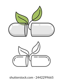 Plantilla de logotipo de cápsulas veganas vacías para píldoras. Para envases de medicación hechos de materiales derivados de plantas. Emblema vectorial aislado en línea delgada