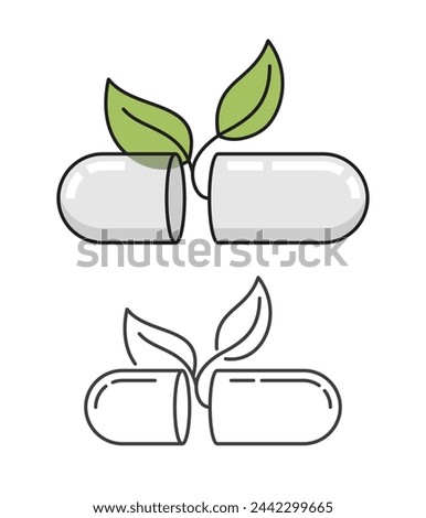 Empty vegan capsules for pills logo template. For medication containers made from plant-derived materials. Isolated vector emblem in thin line