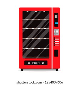 Empty vending machine isolated on white background. Automat with shelves for food or other products, automatic seller. Penny-in-the-slot, red metal vendor machine flat illustration in vector