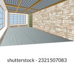 Empty veranda with large windows and stone mosaic wall.