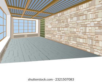 Empty veranda with large windows and stone mosaic wall.